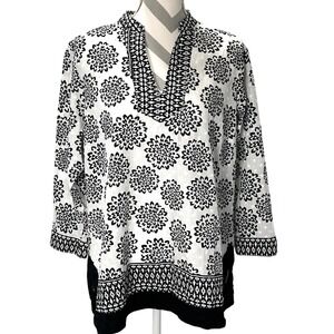 Zac & Rachel Women XL Tunic Top Black White Print V-Neck 3/4 Sleeve Cotton